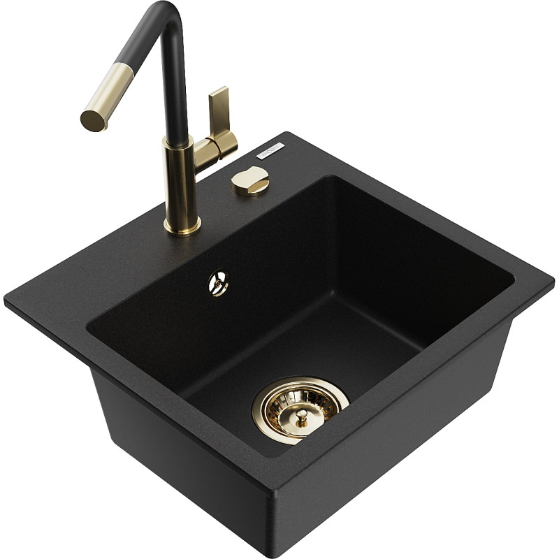 Mexen Milo fregadero de granito de 1 compartimento con grifo de cocina Flora, negro - 6505-77-670401-57-G