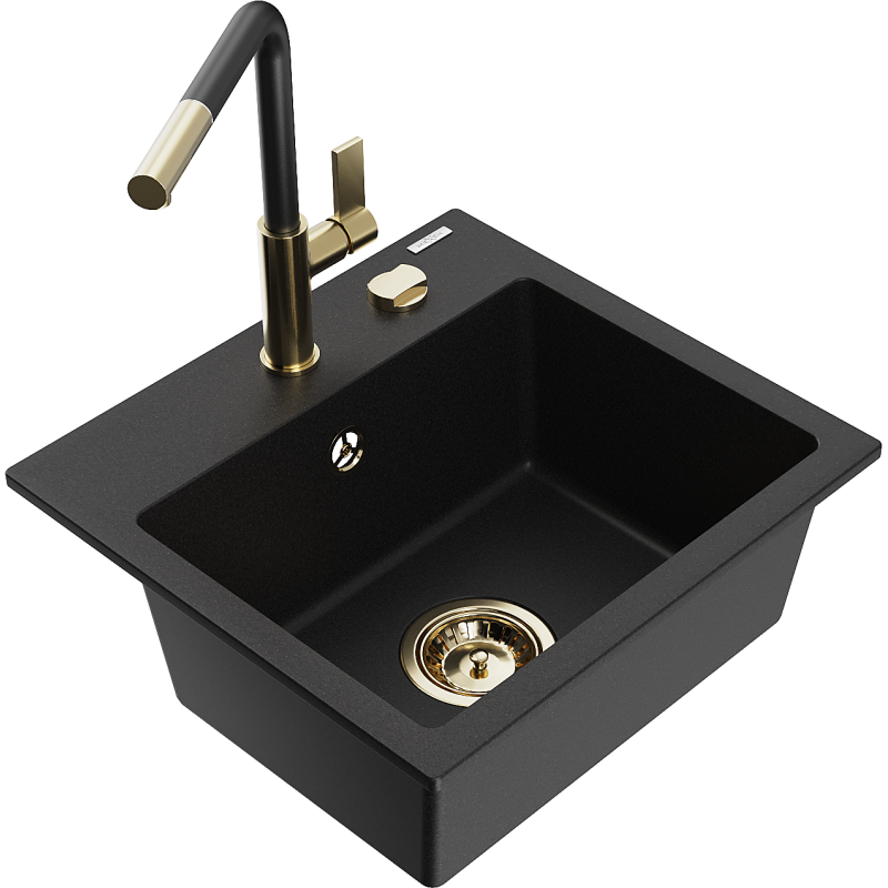 Mexen Milo lavatório de granito de 1 cuba com torneira de cozinha Flora, preto - 6505-77-670401-57-G