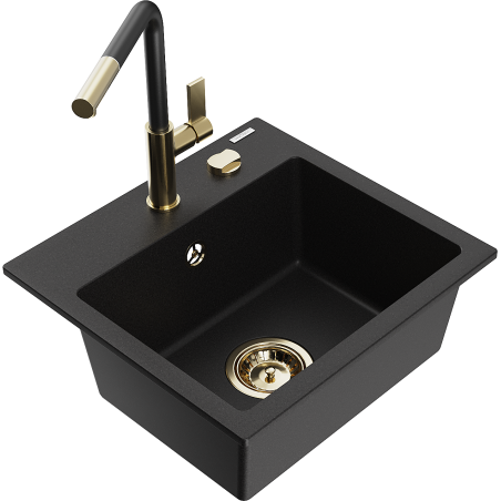 Mexen Milo granieten spoelbak met 1 bak en Flora keukenkraan, zwart - 6505-77-670401-57-G