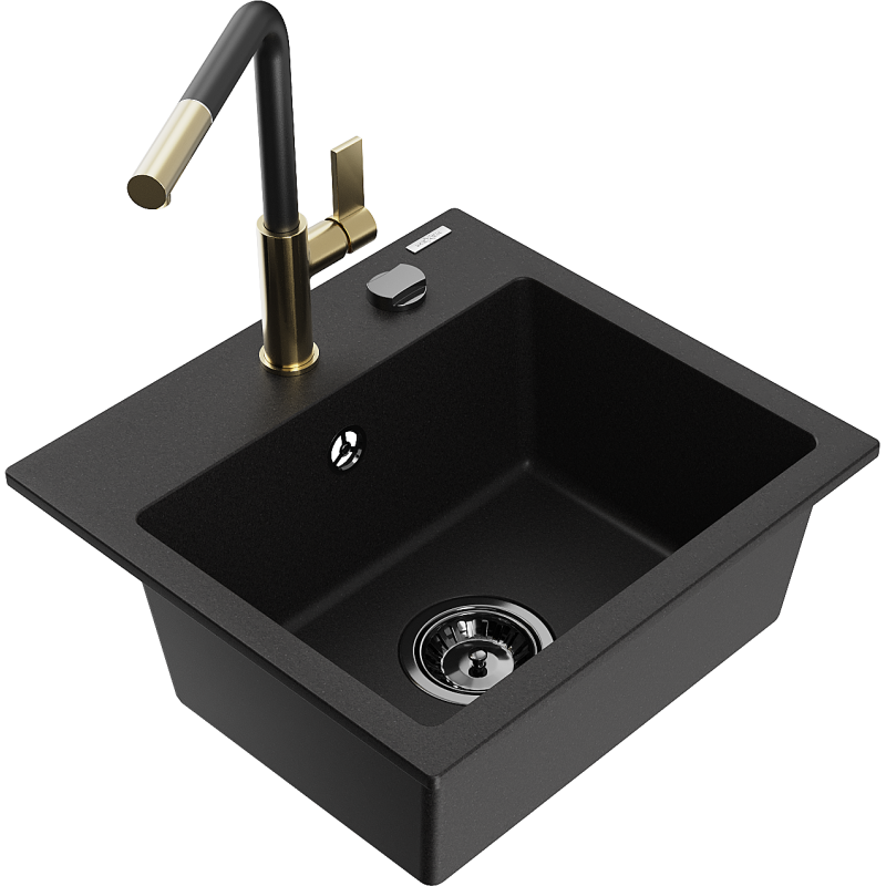Mexen Milo fregadero de cocina de granito de 1 cubeta con grifo de cocina Flora, negro - 6505-77-670401-57-B