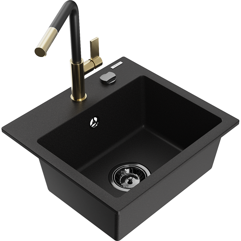 Mexen Milo fregadero de granito de 1 tacho com torneira de cozinha Flora, preto - 6505-77-670401-57-B