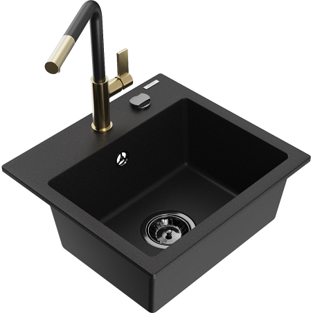 Mexen Milo fregadero de granito de 1 tacho com torneira de cozinha Flora, preto - 6505-77-670401-57-B