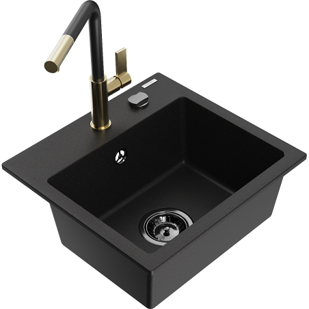 Mexen Milo granite sink 1-bowl with Flora kitchen tap, black - 6505-77-670401-57-B