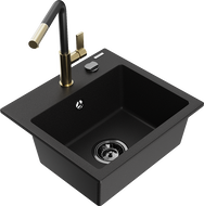 Mexen Milo fregadero de granito de 1 tacho com torneira de cozinha Flora, preto - 6505-77-670401-57-B