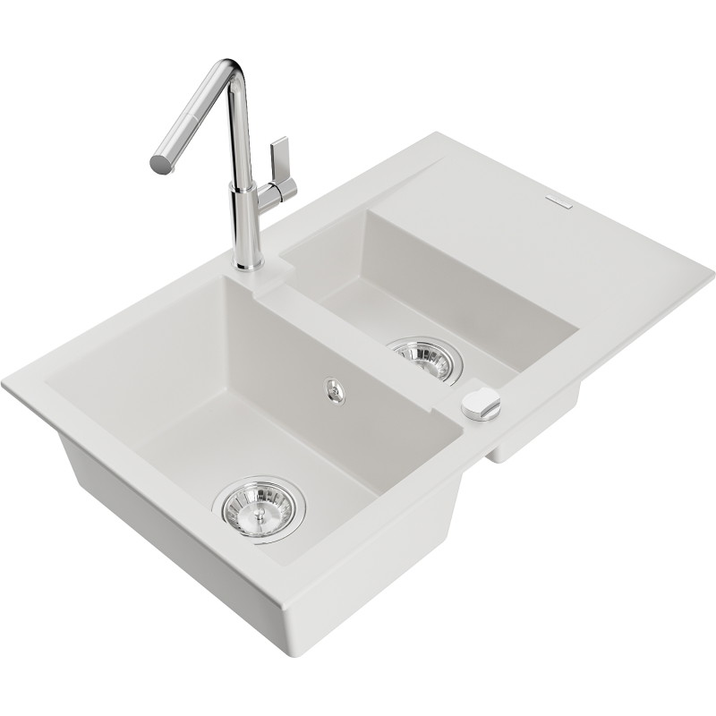Mexen Gaspar granitische spoelbak 1,5-kamerig met afdruiprek en keukenmengkraan Flora, wit - 6507-20-670401-00