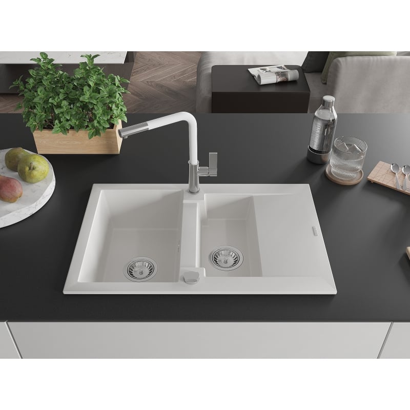 Mexen Gaspar granite sink 1.5-bowl with drainer and Flora kitchen faucet, white - 6507-20-670401-02