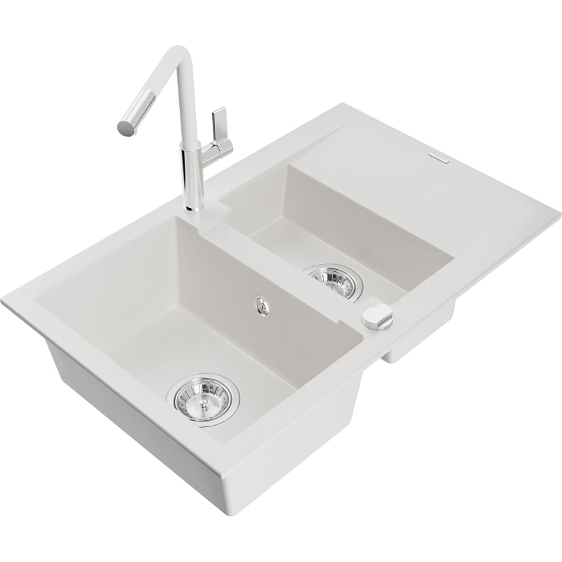 Mexen Gaspar granite sink 1.5-bowl with drainer and Flora kitchen faucet, white - 6507-20-670401-02