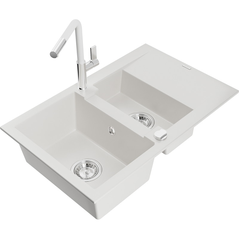 Mexen Gaspar granitische spoelbak 1,5-komor met afdruiprek en keukenkraan Flora, wit - 6507-20-670401-02