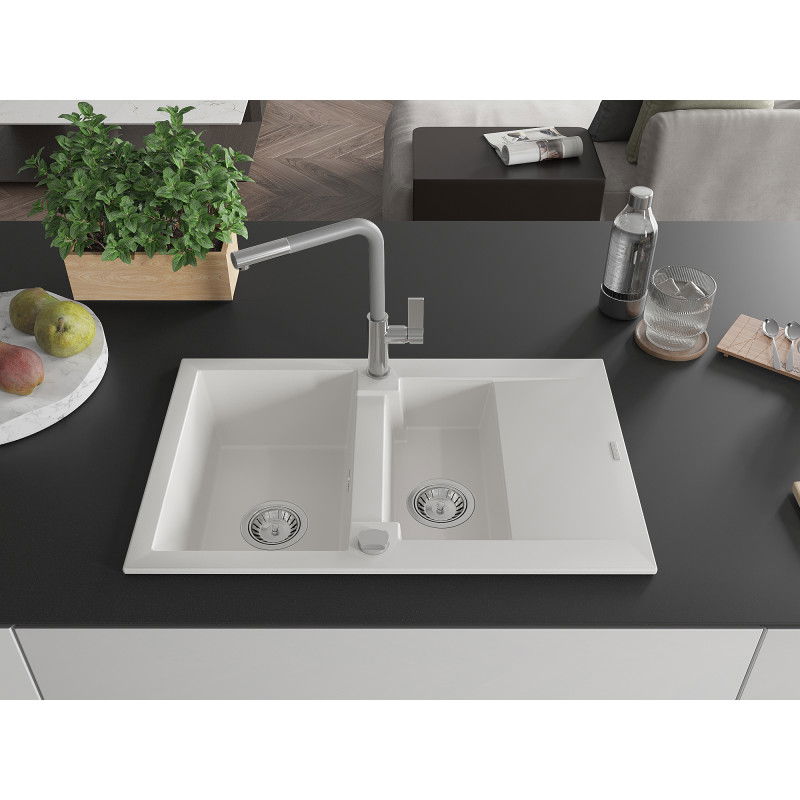 Mexen Gaspar granite sink 1.5-bowl with drainer and Flora kitchen tap, white - 6507-20-670401-06