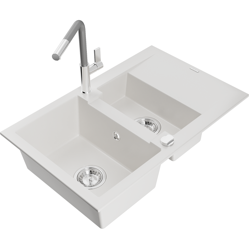 Mexen Gaspar fregadero de granito 1,5 tazones con escurridor y grifo de cocina Flora, blanco - 6507-20-670401-06