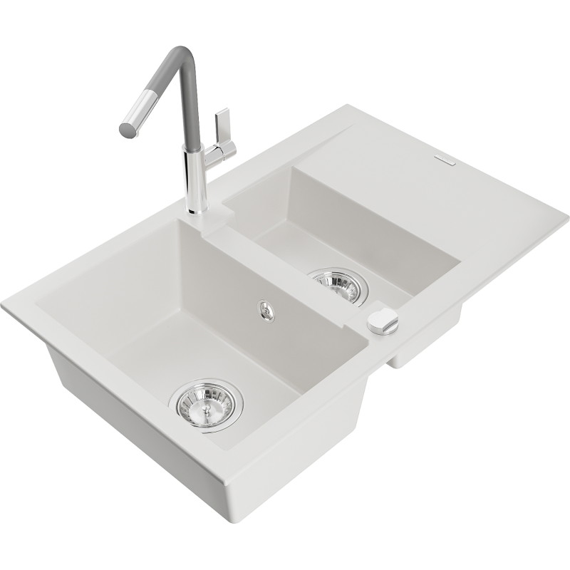 Mexen Gaspar granit gootsteen 1,5-kamer met afdruiprek en keukenmengkraan Flora, wit - 6507-20-670401-06