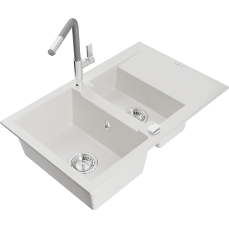 Mexen Gaspar lava-loiça de granito com 1,5-bacia com escorredor e torneira de cozinha Flora, branco - 6507-20-670401-06