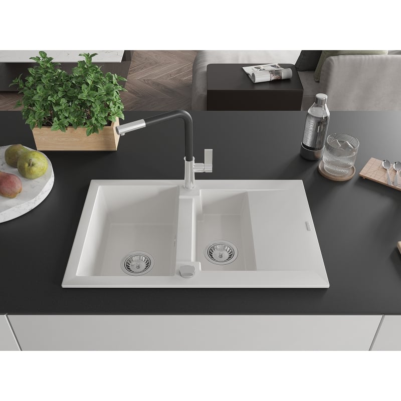 Mexen Gaspar granite sink 1.5-bowl with drainer and Flora kitchen faucet, white - 6507-20-670401-07