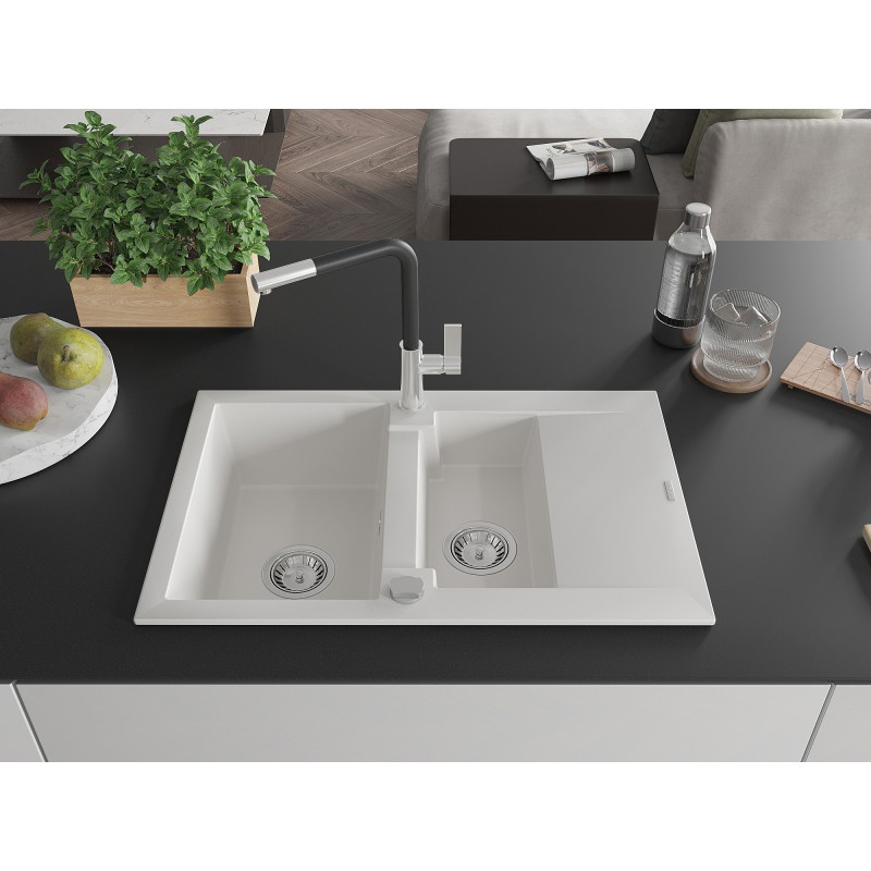 Mexen Gaspar Granitspüle 1,5-beckig mit Abtropffläche und Küchenarmatur Flora, weiß - 6507-20-670401-07