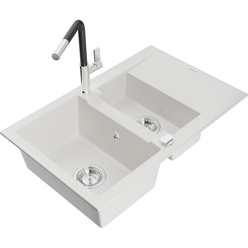 Mexen Gaspar granitische gootsteen met 1,5 kamers, afdruiprek en Flora keukenmengkraan, wit - 6507-20-670401-07