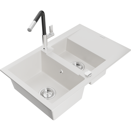 Mexen Gaspar granite sink 1.5-bowl with drainer and Flora kitchen faucet, white - 6507-20-670401-07