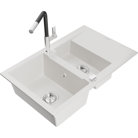 Mexen Gaspar granitno pomivalno korito 1,5-komorno z odcejalnikom in kuhinjsko pipo Flora, belo - 6507-20-670401-07