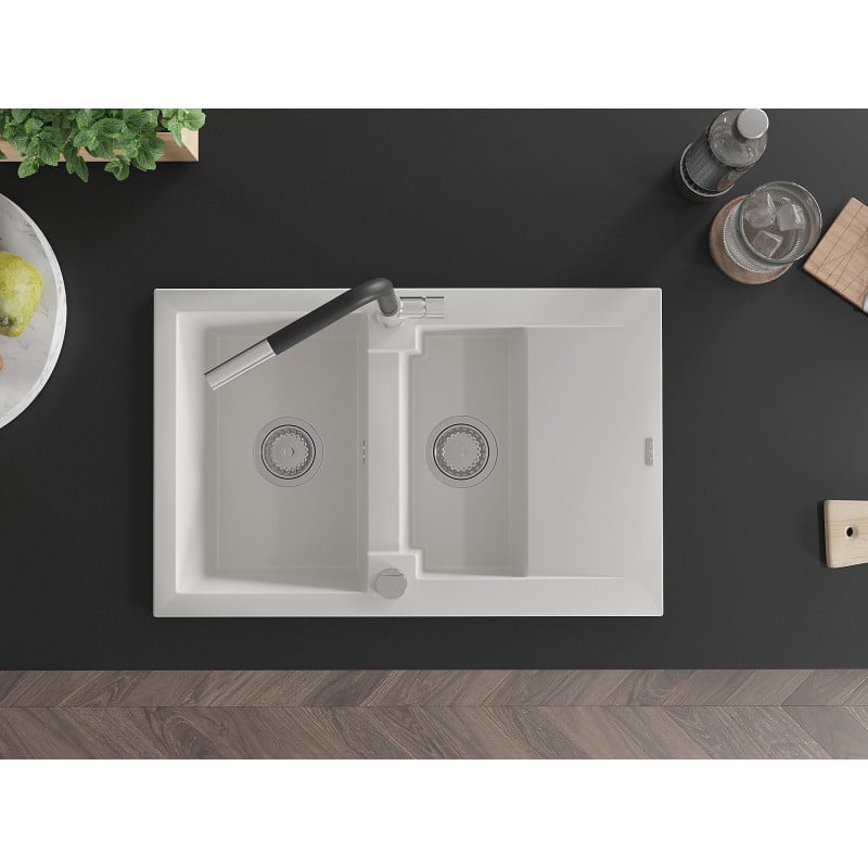 Mexen Gaspar granitdiskbänk 1,5-kammare med avrinning och köksblandare Flora, vit - 6507-20-670401-07