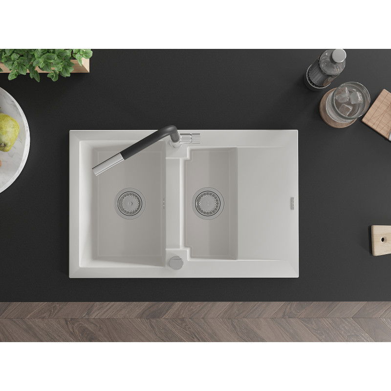 Mexen Gaspar Granitspüle 1,5-Becken mit Abtropffläche und Küchenarmatur Flora, weiß - 6507-20-670401-07