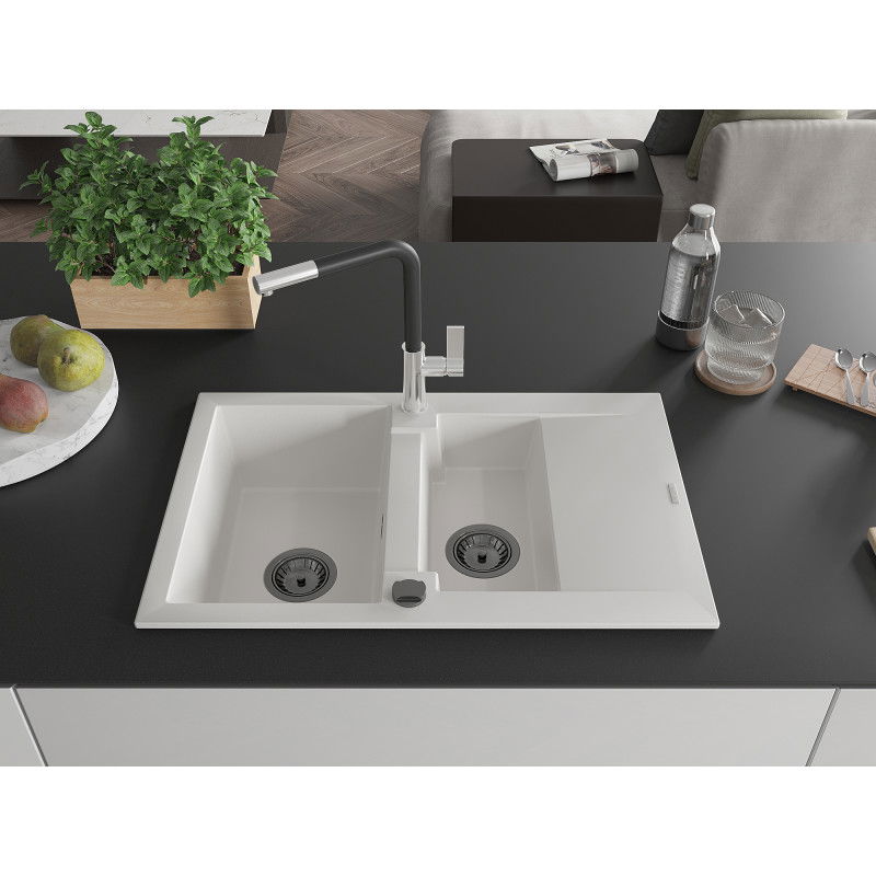 Mexen Gaspar granite sink 1.5-bowl with drainer and Flora kitchen tap, white - 6507-20-670401-07-B