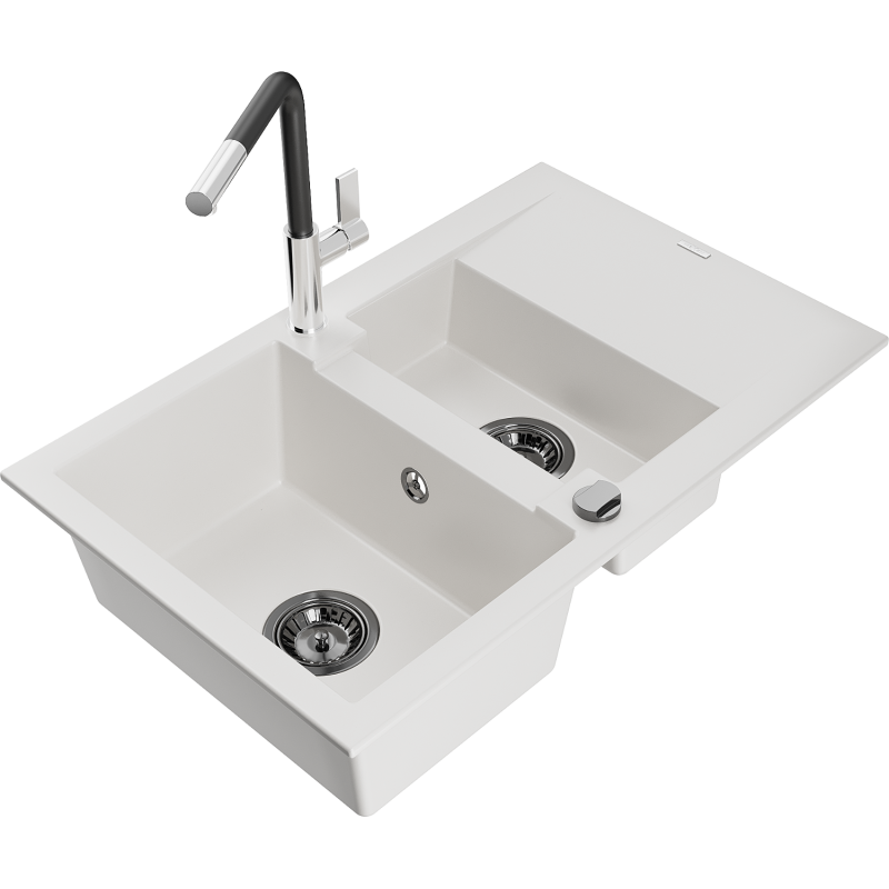 Mexen Gaspar fregadero de granito de 1,5 senos con escurridor y grifo de cocina Flora, blanco - 6507-20-670401-07-B