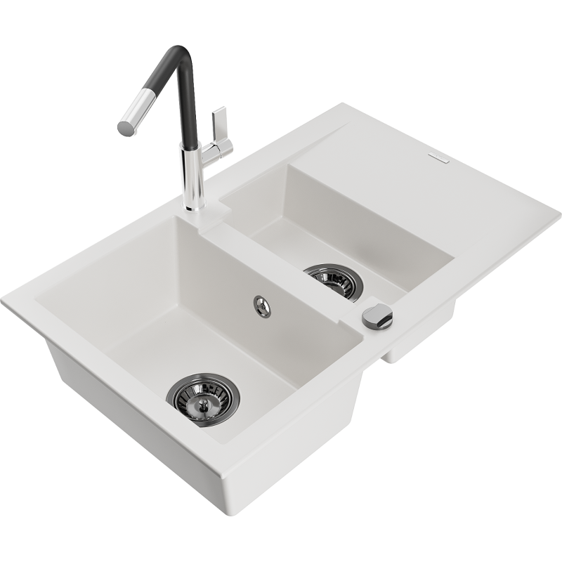 Mexen Gaspar lava-loiça de granito com 1,5 cubas e escorredor e torneira de cozinha Flora, branco - 6507-20-670401-07-B