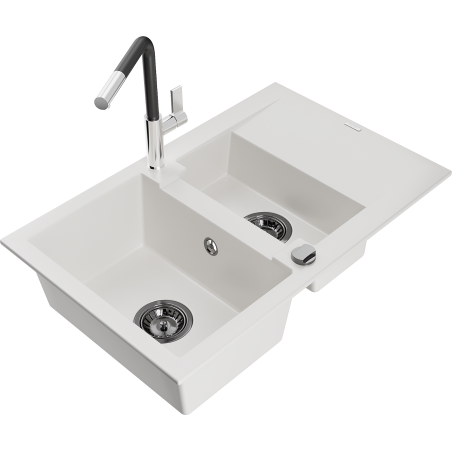 Mexen Gaspar fregadero de granito de 1,5 cubetas con escurridor y grifo de cocina Flora, blanco - 6507-20-670401-07-B