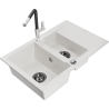 Mexen Gaspar granite sink 1.5-bowl with drainer and Flora kitchen tap, white - 6507-20-670401-07-B