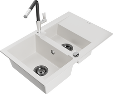 Mexen Gaspar 1.5-bowl granite sink with drainer and Flora kitchen faucet, white - 6507-20-670401-07-B