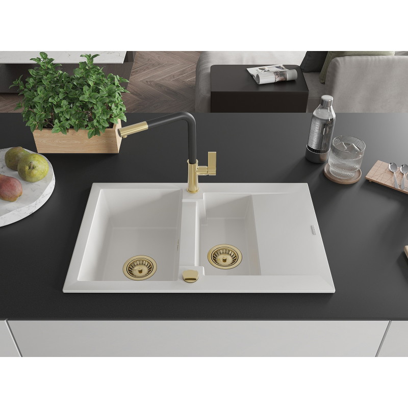Mexen Gaspar granitische spoelbak 1,5-kamer met afdruiprek en keukenkraan Flora, wit - 6507-20-670401-57-G
