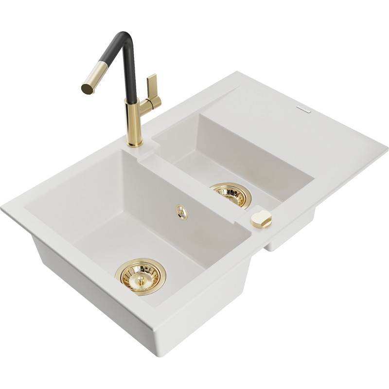 Mexen Gaspar fregadero de granito de 1,5 cubetas con escurridor y grifo de cocina Flora, blanco - 6507-20-670401-57-G