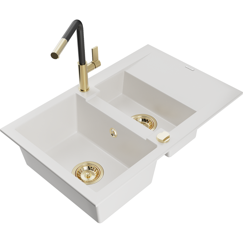 Mexen Gaspar fregadero de granito de 1,5 senos con escurridor y grifo de cocina Flora, blanco - 6507-20-670401-57-G