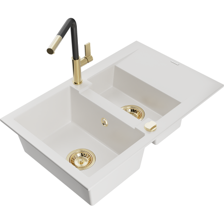 Mexen Gaspar 1.5-bowl granite sink with drainer and kitchen faucet Flora, white - 6507-20-670401-57-G