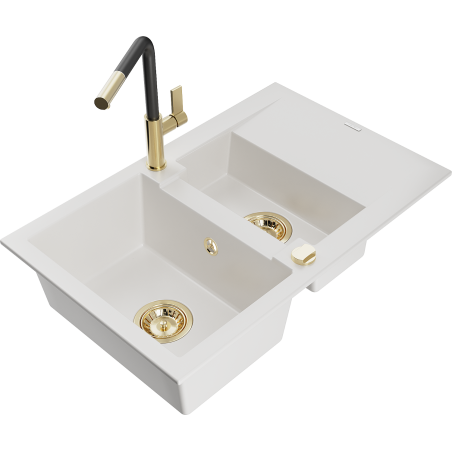 Mexen Gaspar fregadero de granito de 1,5 senos con escurridor y grifo de cocina Flora, blanco - 6507-20-670401-57-G