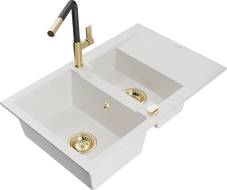 Mexen Gaspar 1.5-bowl granite sink with drainer and kitchen faucet Flora, white - 6507-20-670401-57-G