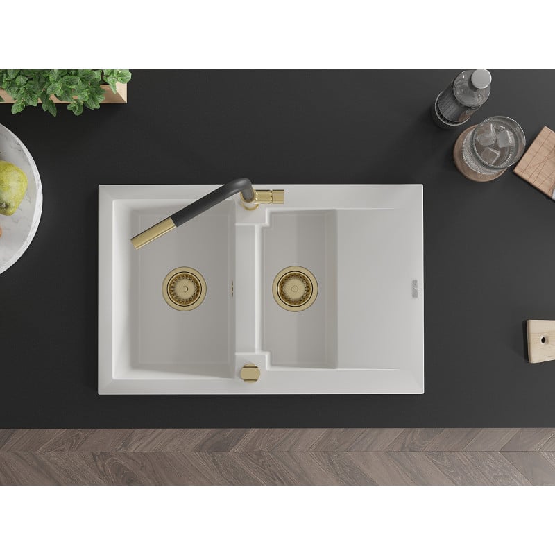 Mexen Gaspar fregadero de granito de 1,5 senos con escurridor y grifo de cocina Flora, blanco - 6507-20-670401-57-G