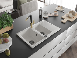 Mexen Gaspar lavello in granito 1,5 vasche con sgocciolatoio e miscelatore cucina Flora, bianco - 6507-20-670401-57-B