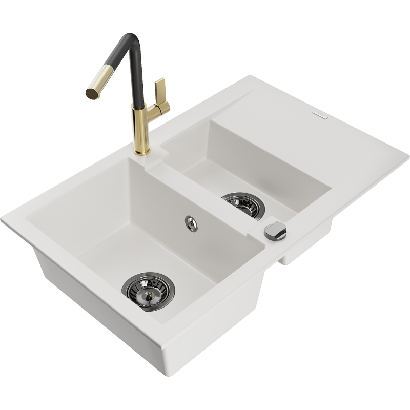 Mexen Gaspar fregadero de granito de 1,5 senos con escurridor y grifo de cocina Flora, blanco - 6507-20-670401-57-B