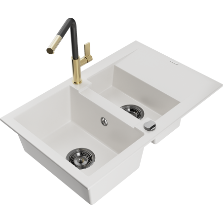 Mexen Gaspar fregadero de granito de 1,5 senos con escurridor y grifo de cocina Flora, blanco - 6507-20-670401-57-B