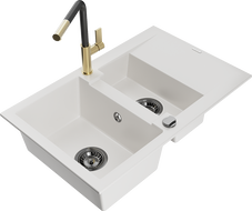 Mexen Gaspar granite sink 1.5-bowl with drainer and Flora kitchen faucet, white - 6507-20-670401-57-B