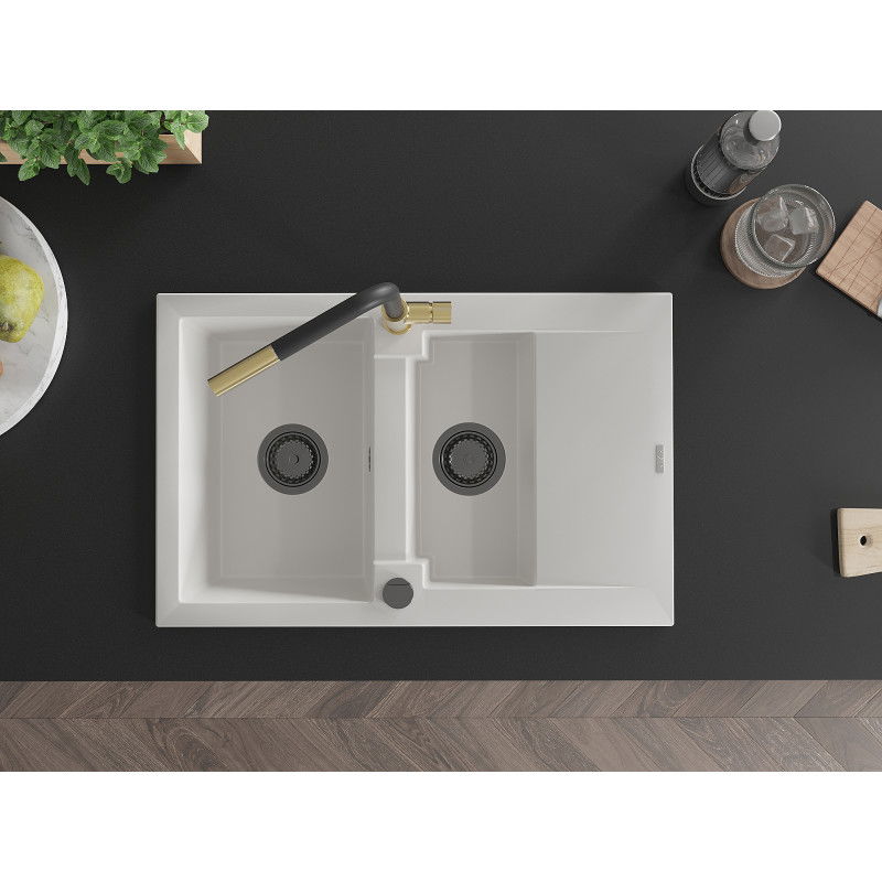 Mexen Gaspar Granitspüle 1,5-Becken mit Abtropffläche und Küchenarmatur Flora, weiß - 6507-20-670401-57-B