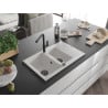 Mexen Gaspar granite sink 1.5-bowl with drainer and kitchen faucet Flora, white - 6507-20-670401-70-B