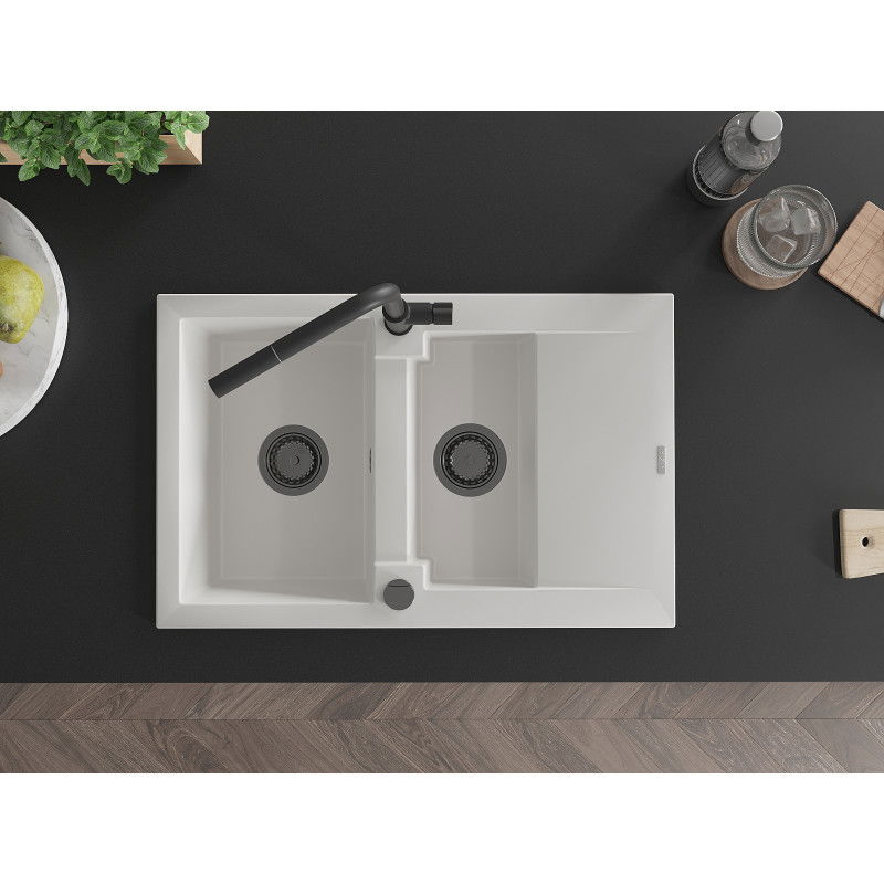 Mexen Gaspar fregadero de granito de 1,5 cubetas con escurridor y grifo de cocina Flora, blanco - 6507-20-670401-70-B