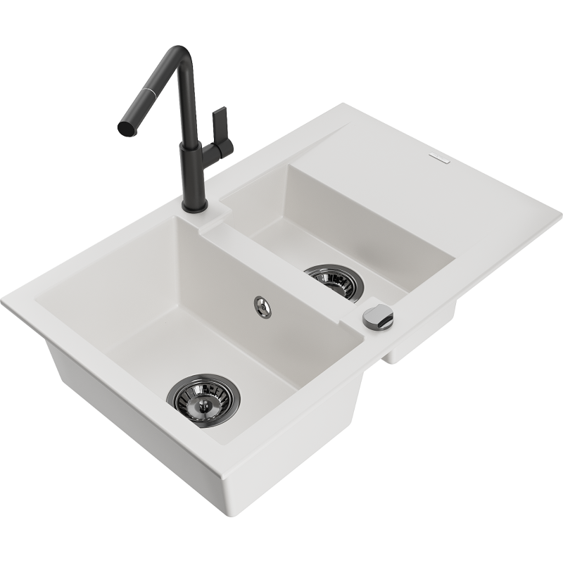 Mexen Gaspar granitais izlietne ar 1,5 kamerām, ar noteci un virtuves jaucējkrānu Flora, balts - 6507-20-670401-70-B