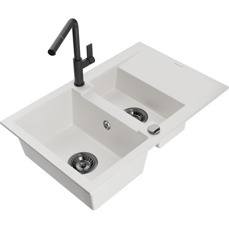 Mexen Gaspar lava-loiça de granito com 1,5 cubas com escorredor e misturadora de cozinha Flora, branco - 6507-20-670401-70-B