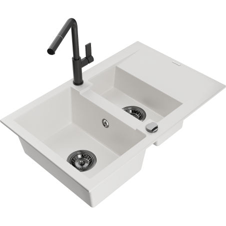 Mexen Gaspar évier en granit 1,5 bac avec égouttoir et robinet de cuisine Flora, blanc - 6507-20-670401-70-B