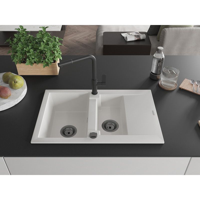 Mexen Gaspar lavello in granito 1,5 vasca con scolapiatti e rubinetto cucina Flora, bianco - 6507-20-670401-70-B