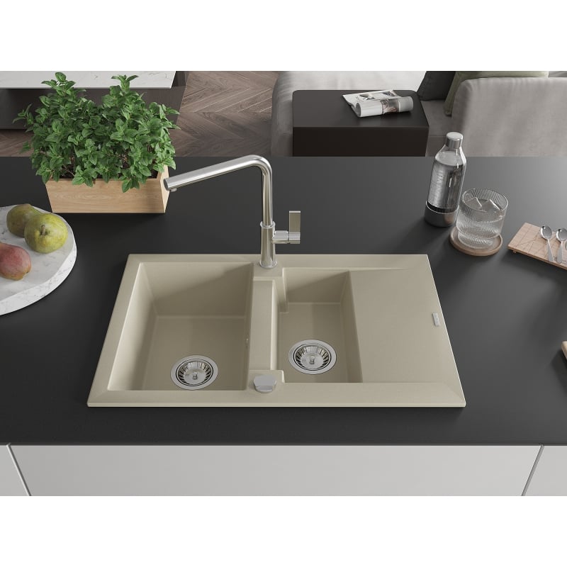 Mexen Gaspar fregadero de granito de 1,5 senos con escurridor y grifo de cocina Flora, beige - 6507-69-670401-00