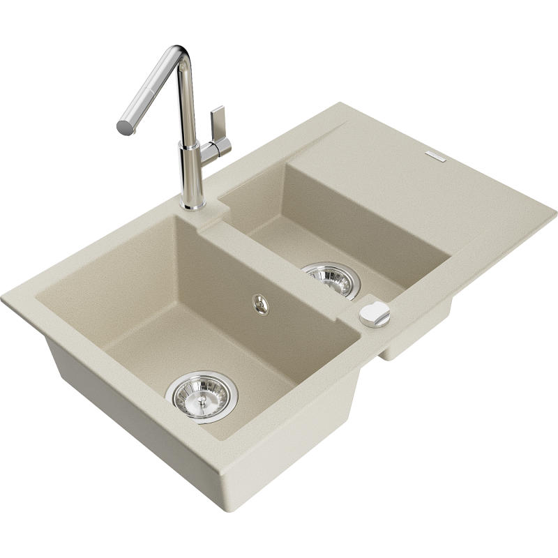 Mexen Gaspar fregadero de granito de 1,5 tazones con escurridor y grifo de cocina Flora, beige - 6507-69-670401-00