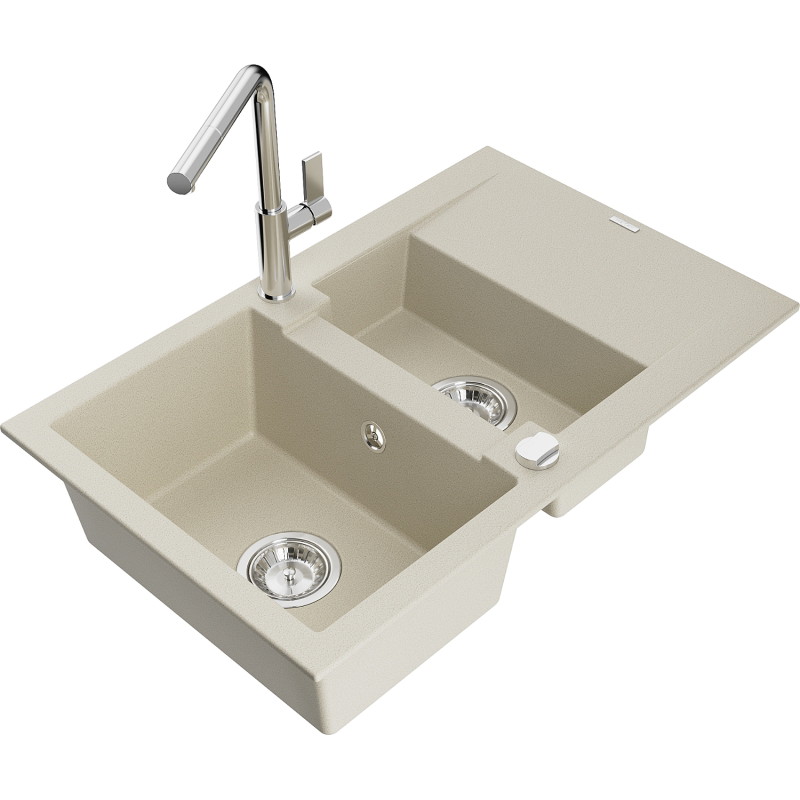 Mexen Gaspar lavello in granito 1,5 vasche con gocciolatoio e rubinetto da cucina Flora, beige - 6507-69-670401-00